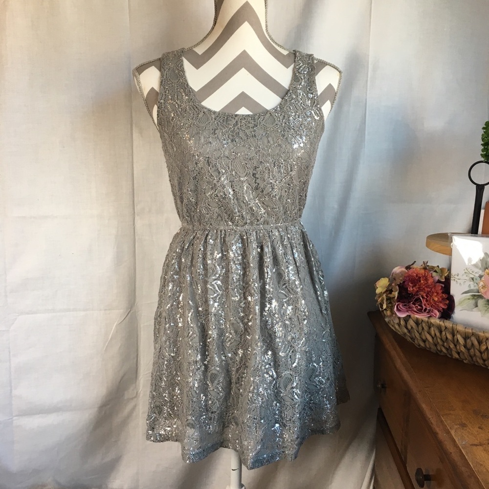 Pinky Women’s Gray/Silver Shiny lace Dress